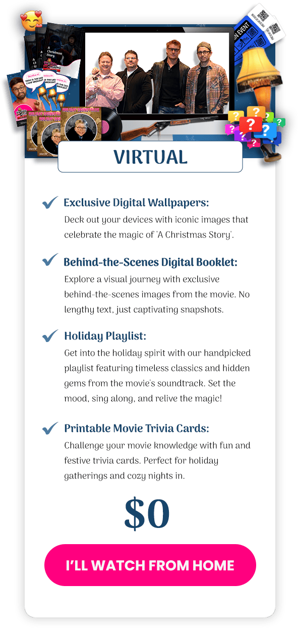 a christmas story event virtual, cast members, computer, live chat, streaming event, Facebook Group, Q and A, from home, prizes